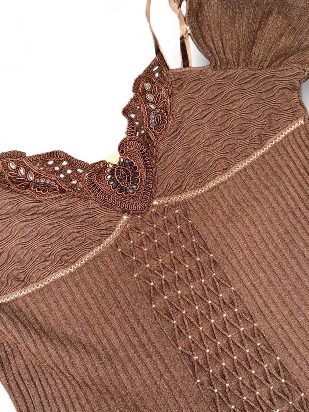 Archival Y2K Roberto Cavalli Brown Lace Knit Top - Picture 3 of 8